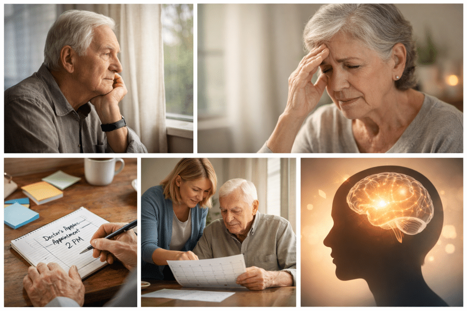 Collage of seniors: a thoughtful man by a window, a worried woman holding her head, a note-taking moment with a caregiver, and a brain image highlighting cognitive health.