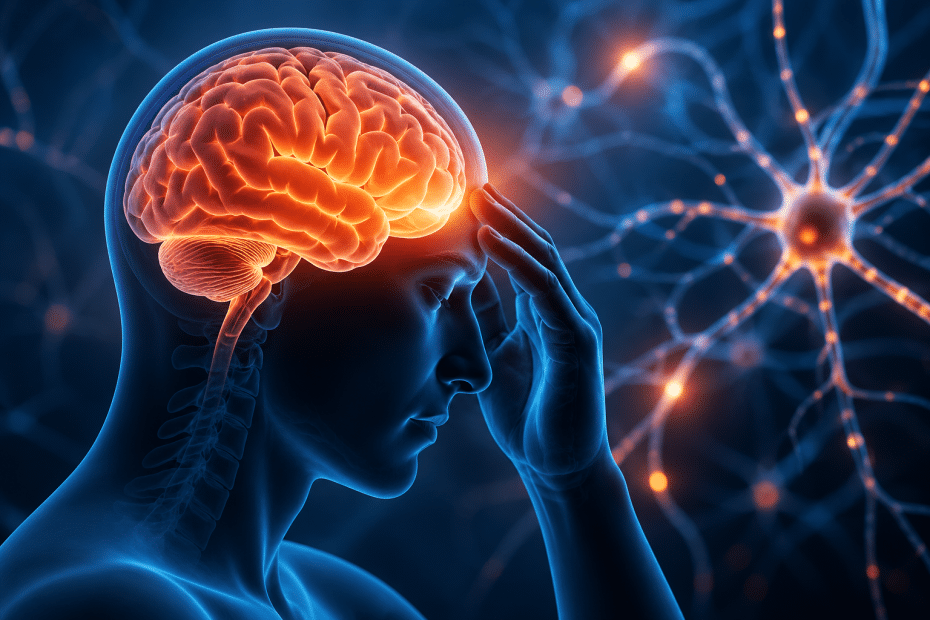 Side profile of a human head with an illuminated orange brain and glowing neurons in the background.