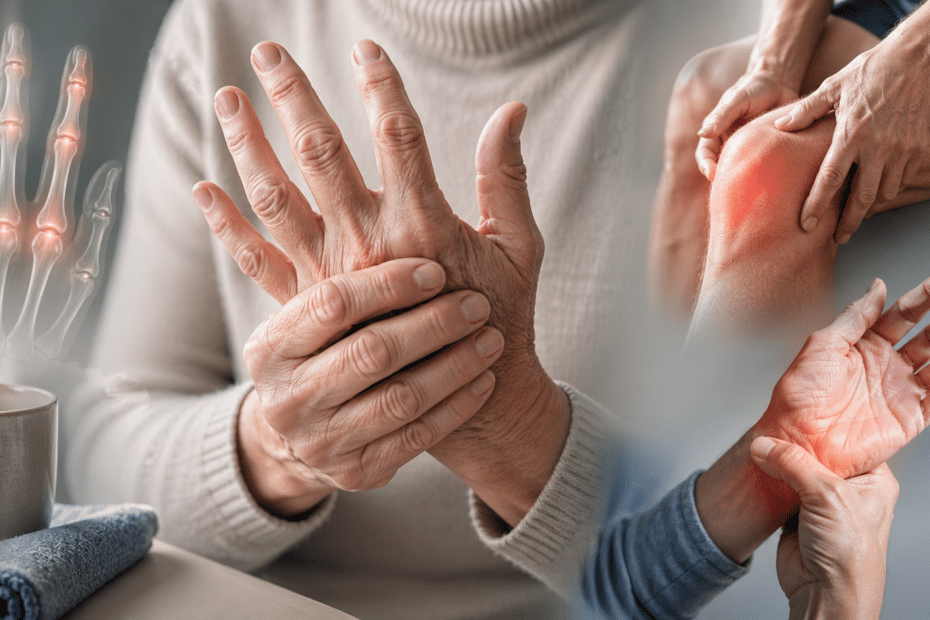 Collage of painful joints: elderly hands clasped at the wrist with red, inflamed knuckles; a translucent hand X-ray on the left edge.
