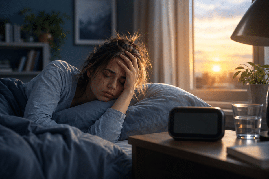 Woman in blue pajamas lies in bed, hand on forehead, looking tired as sunset light pours through a window.