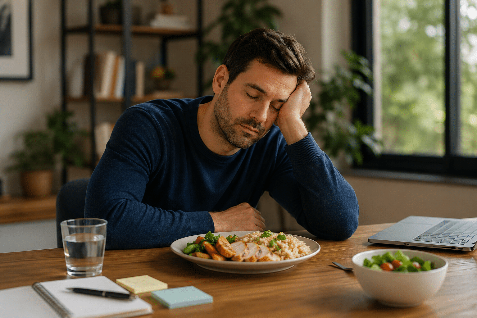 Man sitting at a wooden table, resting his head on his hand while a plate of food and a laptop sit nearby, looking tired or stressed.