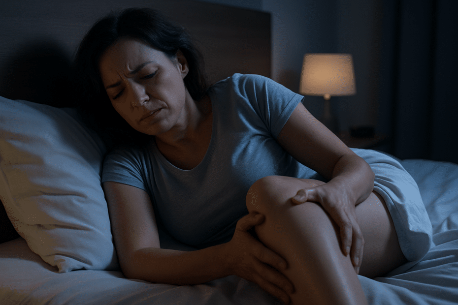 Woman in a blue shirt sits up in bed at night, clutching her knee and grimacing in pain.