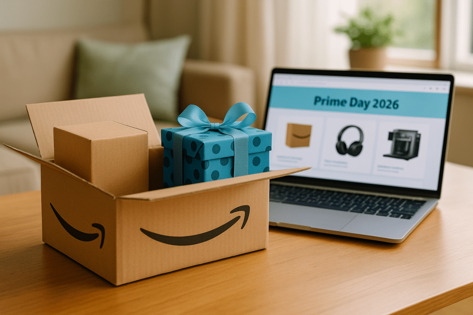Open Amazon box on a table revealing a blue polka-dotted gift box beside a laptop showing Prime Day 2026 deals