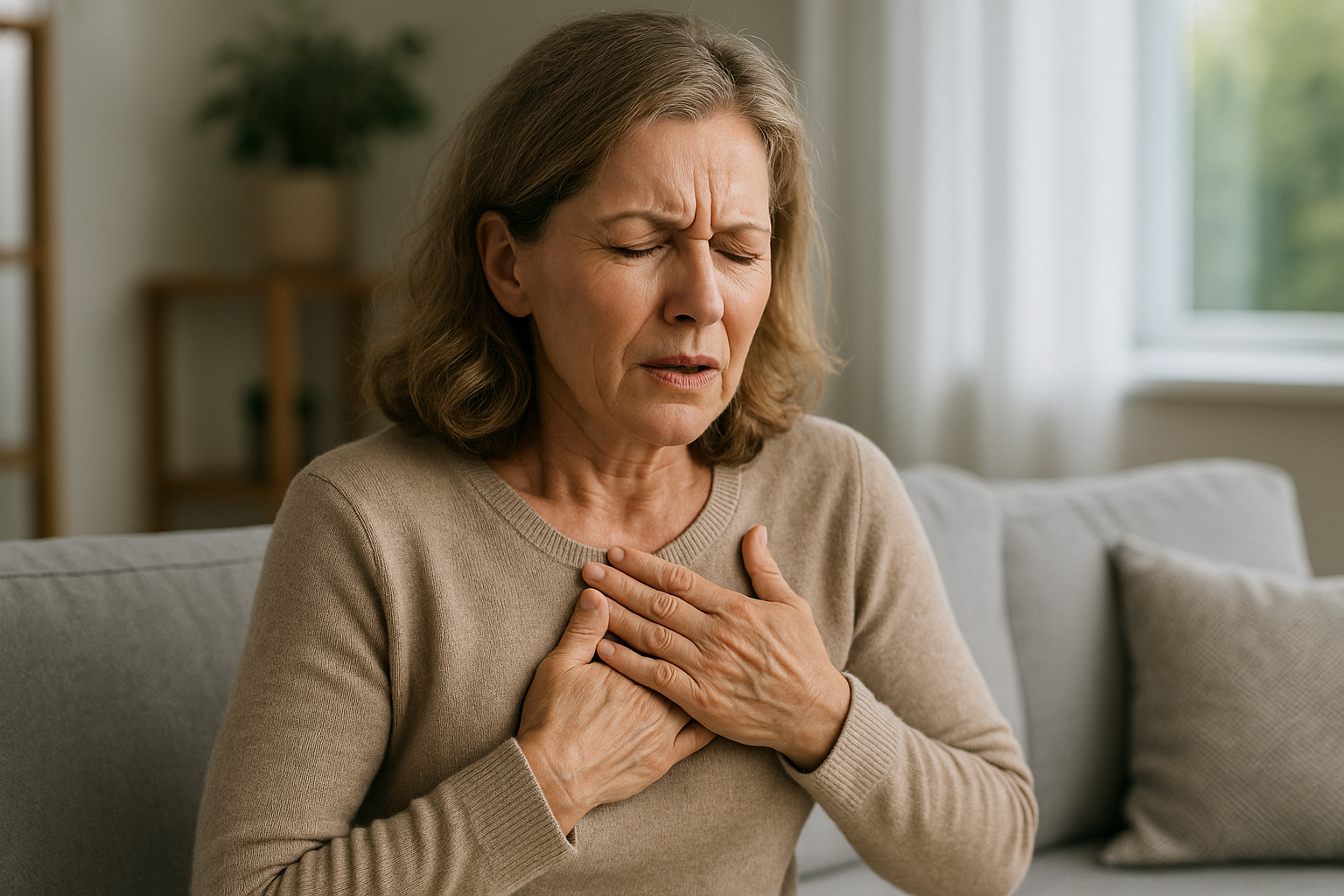 Older woman sitting on a sofa, clutching her chest with a pained expression, indicating chest discomfort at home