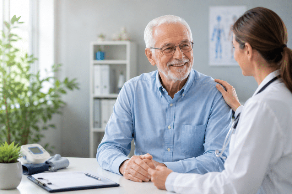 Older man with white hair and glasses smiles as a female doctor in a white coat listens, placing a reassuring hand on his shoulder in a clinic.