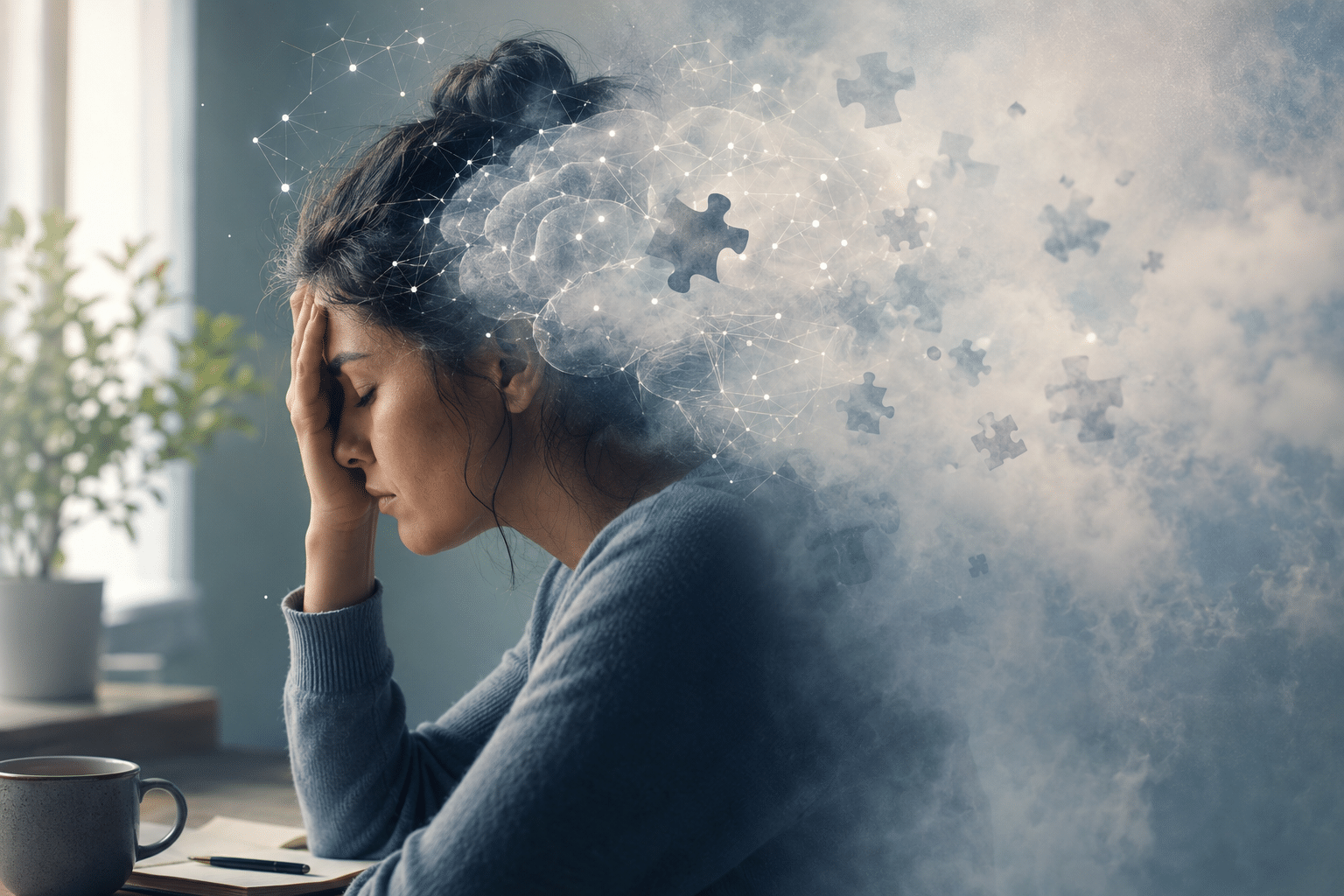Woman at a desk with head in hand, a digital brain cloud and floating puzzle pieces show mental fatigue or overload.