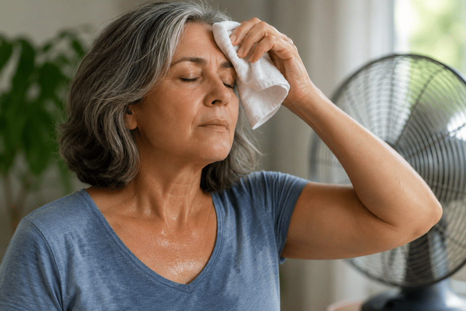 Mid-aged woman with gray hair wipes sweat from her forehead with a white towel beside a standing fan indoors.