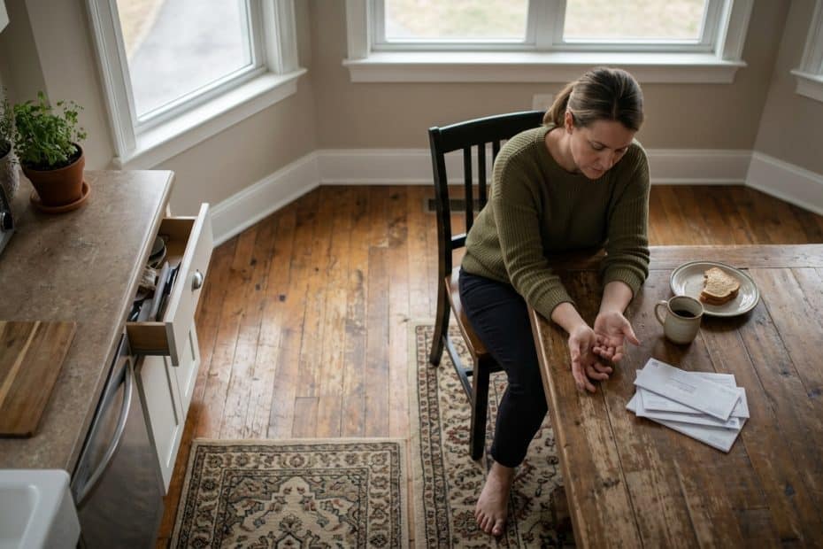Woman sits at a wooden kitchen table with a mug of coffee, plate of toast, and scattered envelopes, looking down at her hands in a reflective pose.