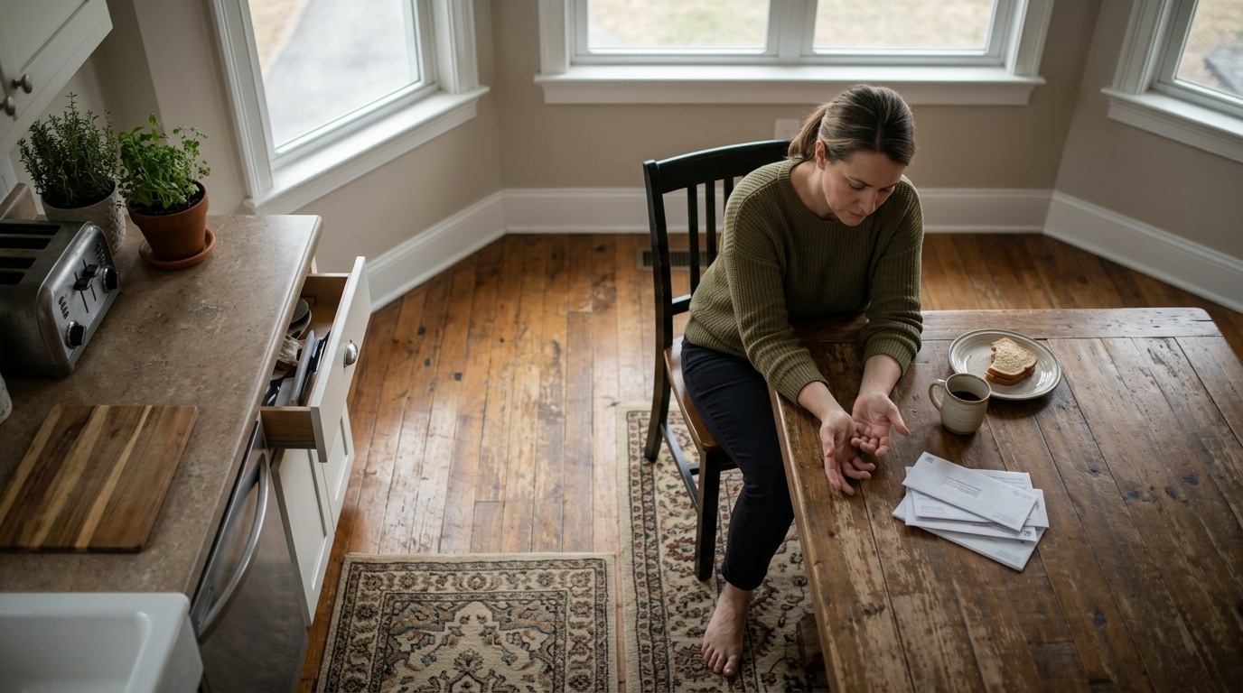 Woman sits at a wooden kitchen table with a mug of coffee, plate of toast, and scattered envelopes, looking down at her hands in a reflective pose.