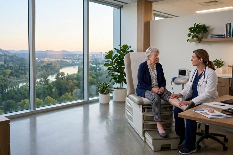 Doctor examines an elderly woman’s leg in a modern clinic while they sit on a medical chair, with a computer screen showing PAD awareness nearby.