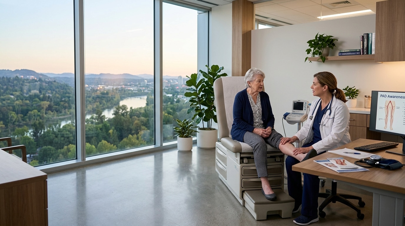 Doctor examines an elderly woman’s leg in a modern clinic while they sit on a medical chair, with a computer screen showing PAD awareness nearby.