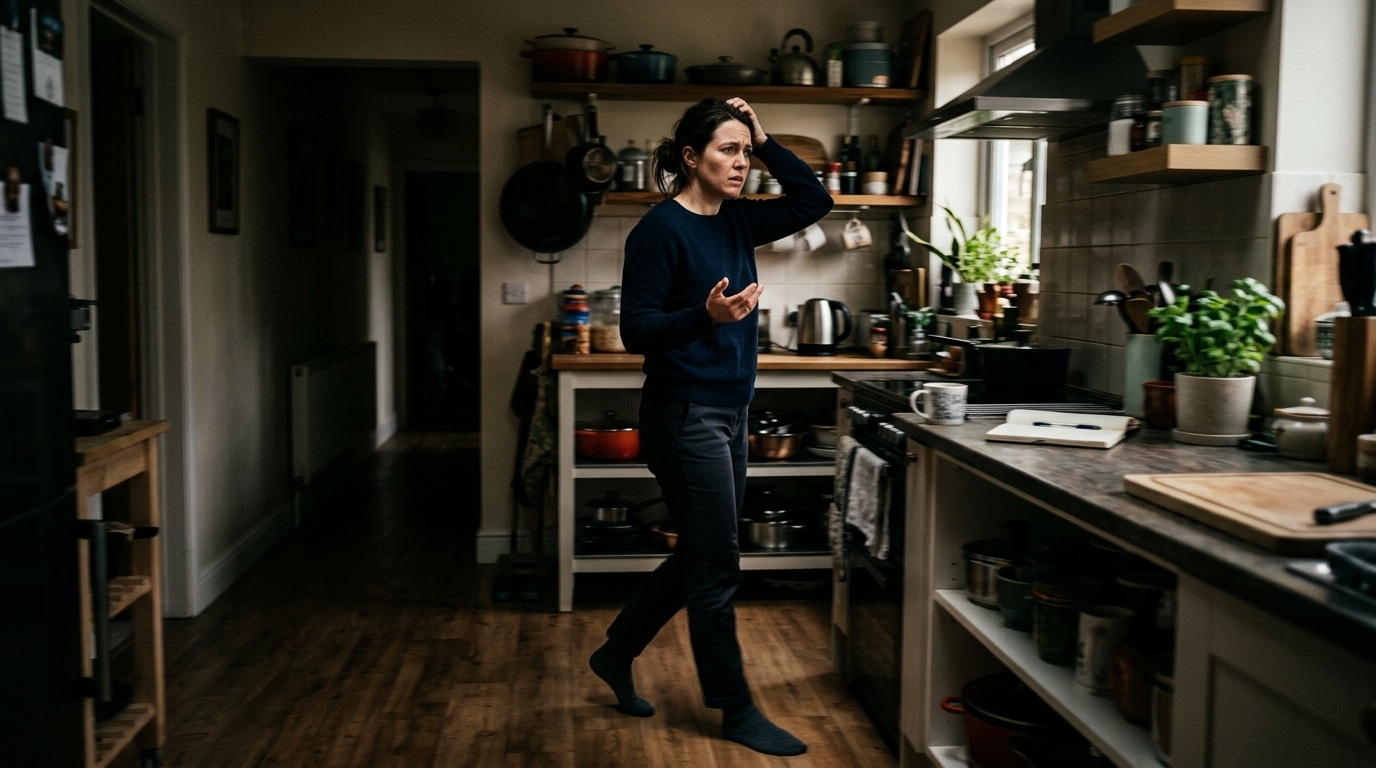 Woman in a navy sweater stands in a cozy kitchen, hand on head, talking on the phone with a concerned expression.