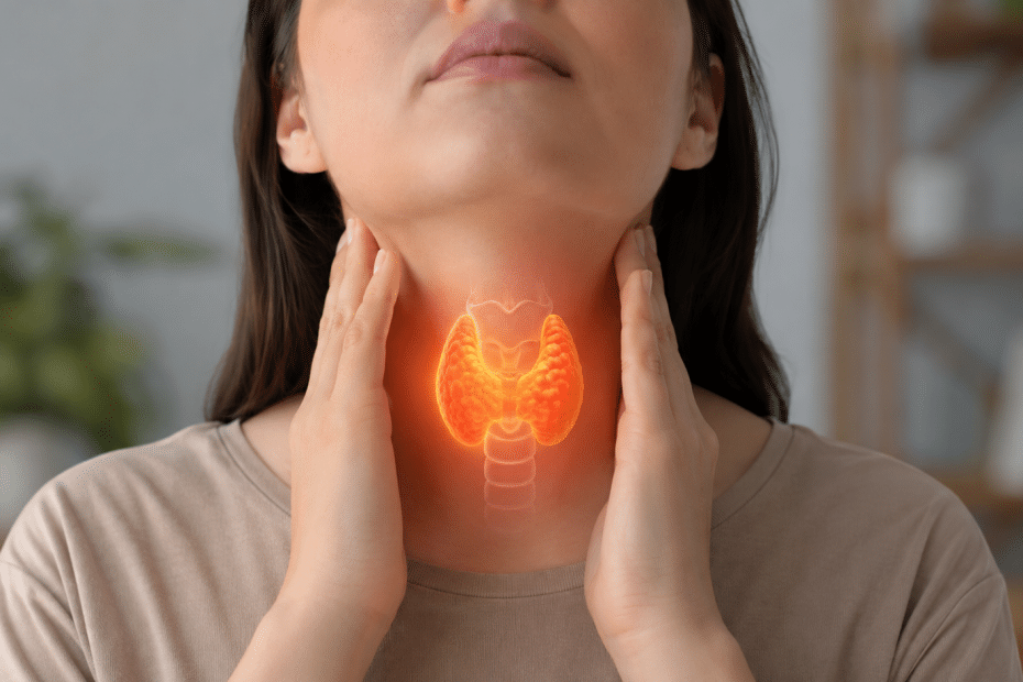 Person holding their throat, with an illuminated thyroid gland graphic over the neck indicating thyroid pain or injury