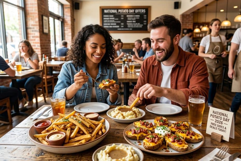 Couple enjoying a meal at a sunny cafe; plates of fries with dipping sauces, mashed potatoes, and potato bites on the table.